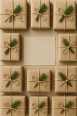 Rustic gifts wrapped in kraft paper with pine sprigs and twine, arranged with empty space for text or design.
