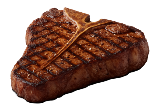 Grilled T-bone steak with seasonings on a slate serving plate.