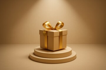 Elegant golden gift box with ribbon on podium under spotlight, perfect for luxury, celebration, and holiday themes.