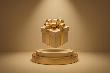 Elegant golden gift box with ribbon on podium under spotlight, perfect for luxury, celebration, and holiday themes.