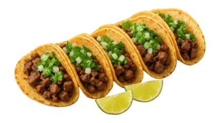 Mexican beef tacos with lime slices on a wooden serving board.