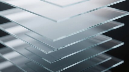 Stack of transparent glass sheets arranged in a layered, diagonal formation with reflective surfaces.
