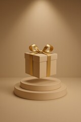 Elegant golden gift box with ribbon on podium under spotlight, perfect for luxury, celebration, and holiday themes.