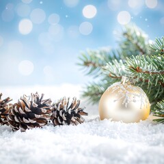 Snowy Christmas scene with pine ornaments