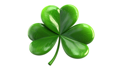 Glossy green shamrock with transparent background suits St. Patrick's Day graphics, posters, and digital designs.