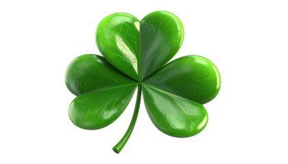 Glossy green shamrock with transparent background suits St. Patrick's Day graphics, posters, and digital designs.