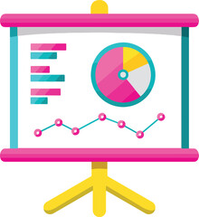 A cartoonstyle presentation board with bar and line graphs and a pie chart