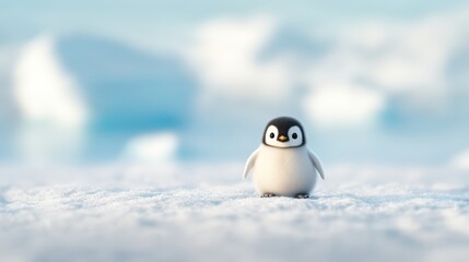 A cute baby penguin stands on a snowy landscape with a soft-focus background of icebergs, This image can be used for educational materials, nature-themed designs, or children's books,