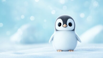 A cute, fluffy penguin chick stands on a serene, snowy background, capturing a moment of innocence and charm, Ideal for children's books, educational materials, and wildlife conservation themes,
