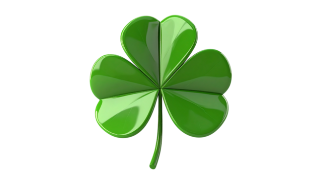 Glossy green shamrock shines with smooth texture, ideal for St. Patrick's Day designs or branding. PNG, transparent background.