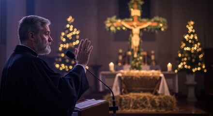 Man priest giving a sermon during Christmas church service. Religious celebration, spiritual worship, prayer concept.