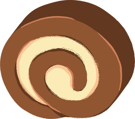 A closeup illustration of a chocolate Swiss roll cake with cream filling