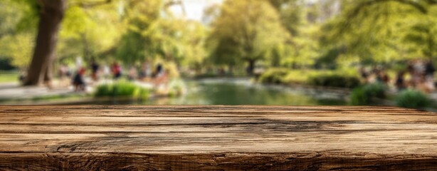The Wooden Table in a Park Scene with People and Water