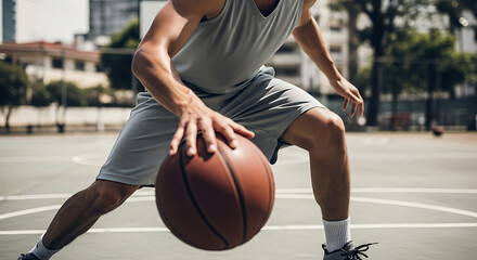 A man in a gray t-shirt and shorts dribbles a basketball on an outdoor court, focused on the game