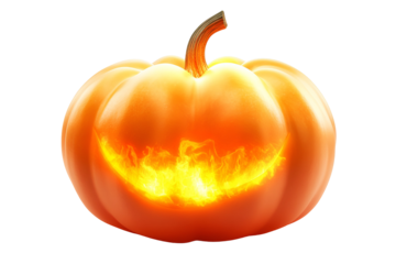 Spooky jack o lantern halloween pumpkin with glowing face isolated on transparent background