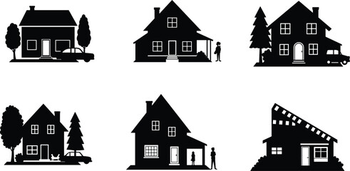 Fototapeta na wymiar Residential house silhouettes, modern architecture, suburban homes, black icons, family lifestyle, trees, cars, pets, walking, neighborhood design, vector illustration, real estate, building shapes, u