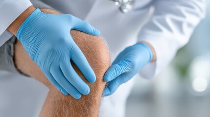 A medical professional wearing blue gloves examines a patient's knee, indicating a health assessment or treatment of joint pain or injury.