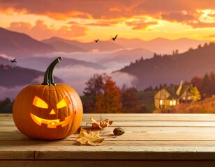 Glowing Jack-o'-Lantern on a Wooden Table with a Mountain Sunset View

