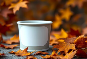 A paper cup with blank white sticker label mockup is presented with autumn leaves which represents a fall season