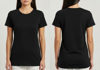 Naklejka na ściany i meble Front and back view of a plain black womens tshirt mockup, ideal for fashion ecommerce and clothing brand presentations of mockup