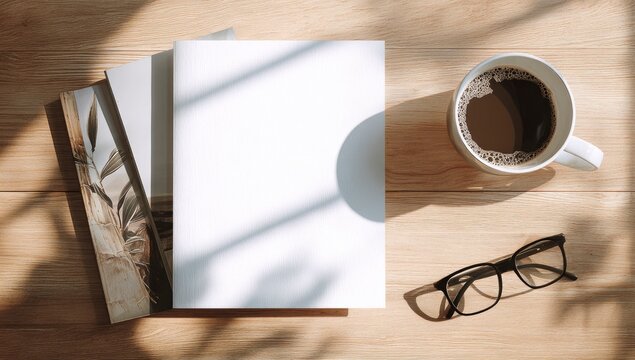 A flatlay showcasing a blank book, a coffee mug, eyeglasses, and a magazine on a light wood surface, bathed in sunlight