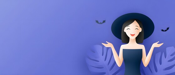 A cheerful woman in a hat smiles against a purple backdrop, accompanied by bats and tropical leaves, evoking a whimsical, seasonal vibe.