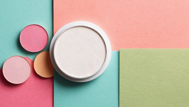 A flatlay showcasing makeup products?blush and powder?on a colorful backdrop of pastel papers