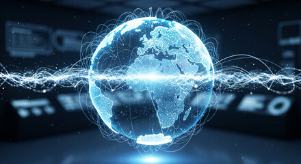 Global network connection, digital earth glowing with data streams.