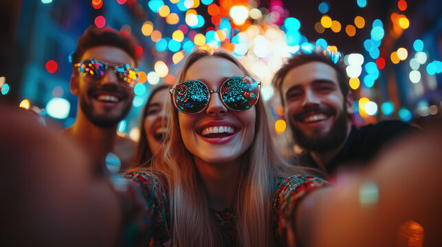 friends taking selfie at New Year party with colorful background, smiling faces