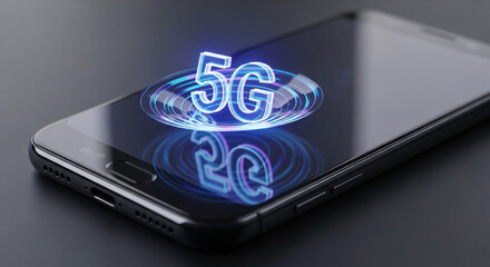 A smartphone displaying the glowing blue 5G logo, symbolizing advanced wireless communication technology.