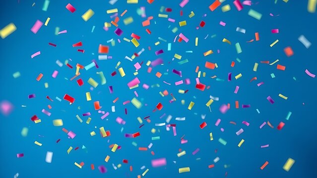 Colorful confetti falling dynamically against a solid blue background, conveying a sense of joyful celebration.