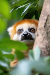 Fototapeta premium A close-up of a shy red panda peeking through lush green foliage, ideal for wildlife enthusiasts, education materials, or nature-related content showcasing animal behavior and habitat,