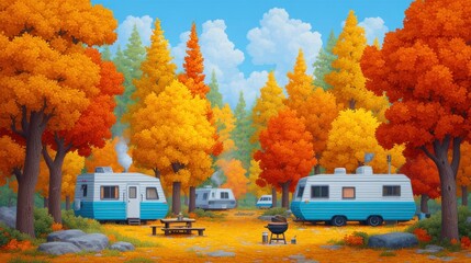 Obraz premium Cozy Autumn Campground Scene with Colorful Trees, Vintage Trailers, Scenic Picnic Area, and Vibrant Fall Foliage in a Serene Natural Setting