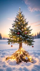 Snowy Christmas tree with roots