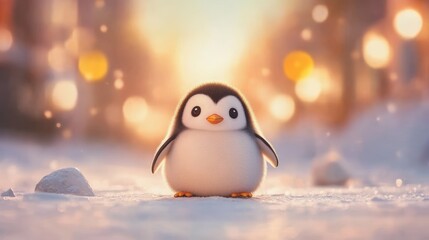 Fototapeta premium A cute baby penguin stands in a snowy landscape, illuminated by warm sunlight, This adorable image can be used for children's books, wildlife articles, or holiday themes,