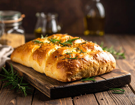 Freshly baked fougasse bread with rosemary on rustic wooden background