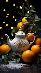 Bright orange tangerines with green foliage lie against a black background amidst snow. A white teapot stands among the fruit. A creative vertical sales concept for a New Year's campaign