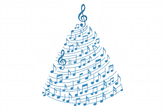 Music notes forming a christmas tree with treble clef as star, celebrating holiday sound and winter season