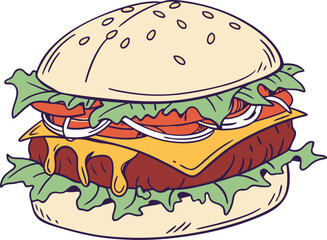 Delicious Burger Food Illustration. Tasty Burger Meal Clipart Artwork. Juicy Burger Fast Food Illustration. Classic Burger Sandwich Artwork Design. Big Burger Creative Food Illustration. Fresh Burger