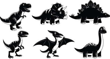 Cartoon dinosaur illustration set, T. rex, Triceratops, Stegosaurus, Velociraptor, Pteranodon, Brachiosaurus, prehistoric animals, kids design, black and white © Rifat's World
