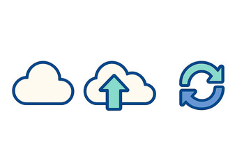 Cloud computing icons for data storage, file upload, and refresh synchronization processes in digital interfaces