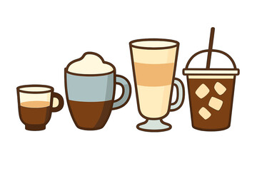 Assortment of popular coffee beverages including espresso, cappuccino, latte, and iced coffee served in various cups and glasses