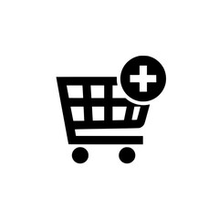 Plus sign inside shopping cart vector for ecommerce user interface and retail product expansion concept
