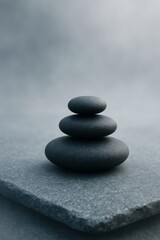 Minimalist zen stones stacked in balance on a flat rock, symbolizing calm, harmony, and mindfulness for wellness and spa themes.