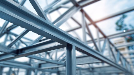 girders. Steel frame structure under construction with ambient lighting and minimal background, real-estate listings.