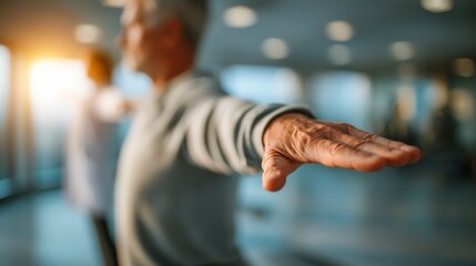 An elderly person stretches their arm forward in a blurred indoor setting, suggesting focus on balance, exercise, or physical therapy.