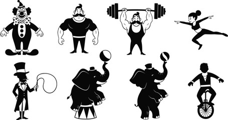 Circus illustration set, clown, strongman, acrobat, ringmaster, elephants, unicyclist, carnival performers, entertainment acts, black and white design