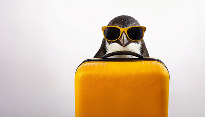 A penguin wearing stylish sunglasses and carrying a travel suitcase on white background. Environment and global warming concept. Travel and Holiday concept.