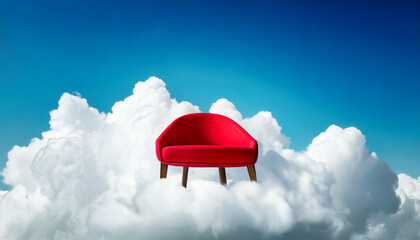 A vivid red chair placed gracefully among soft white clouds, with a bright blue sky background, symbolizing peaceful rest, calm relaxation, and a dreamlike escape into serenity