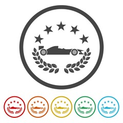 Formula one icon. Set icons in color circle buttons